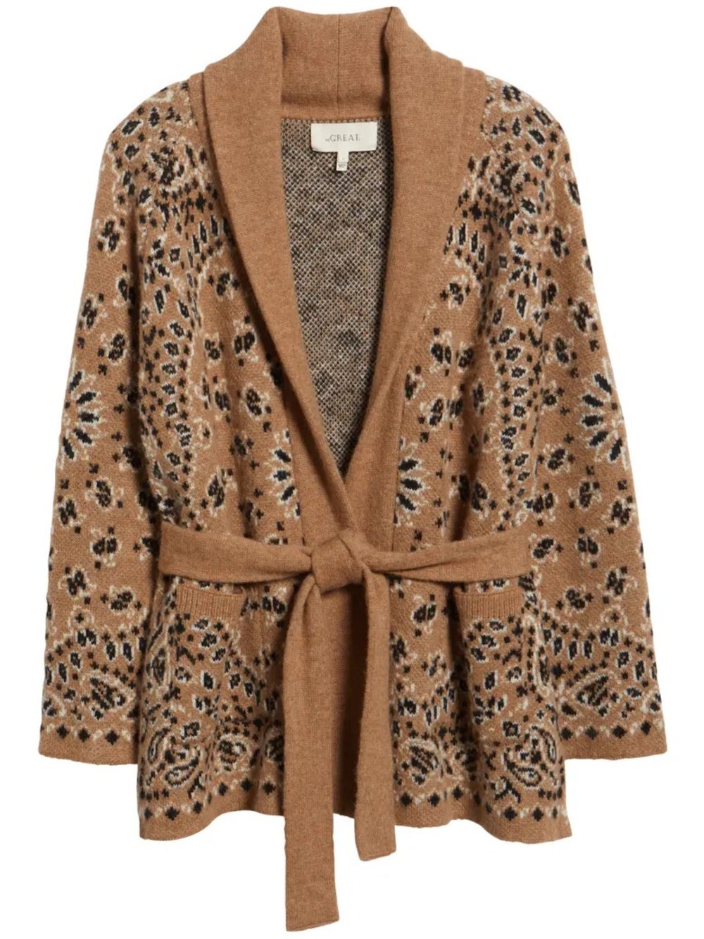 THE GREAT. Camel Leopard-Print Shawl-Collar Belted Cardigan